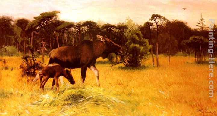 Moose with her Calf in a Landscape painting - Wilhelm Kuhnert Moose with her Calf in a Landscape art painting
